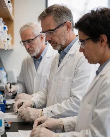 Trois scientifiques en blouse blanche, gants et lunettes de sécurité écrivent des résultats sur du papier à une table.