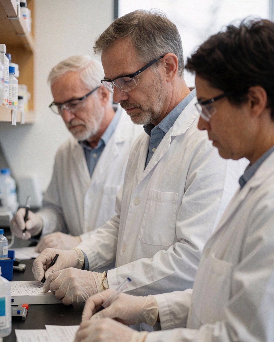 Trois scientifiques en blouse blanche, gants et lunettes de sécurité écrivent des résultats sur du papier à une table.