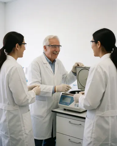Trois professionnels en laboratoire clinique portent blouse, gants et lunettes de sécurité. Ils utilisent une balance de précision sur une table blanche, souriant et discutant dans un environnement propre.