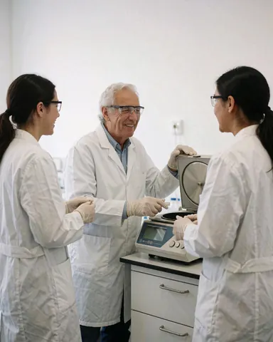 Trois professionnels en laboratoire clinique portent blouse, gants et lunettes de sécurité. Ils utilisent une balance de précision sur une table blanche, souriant et discutant dans un environnement propre.