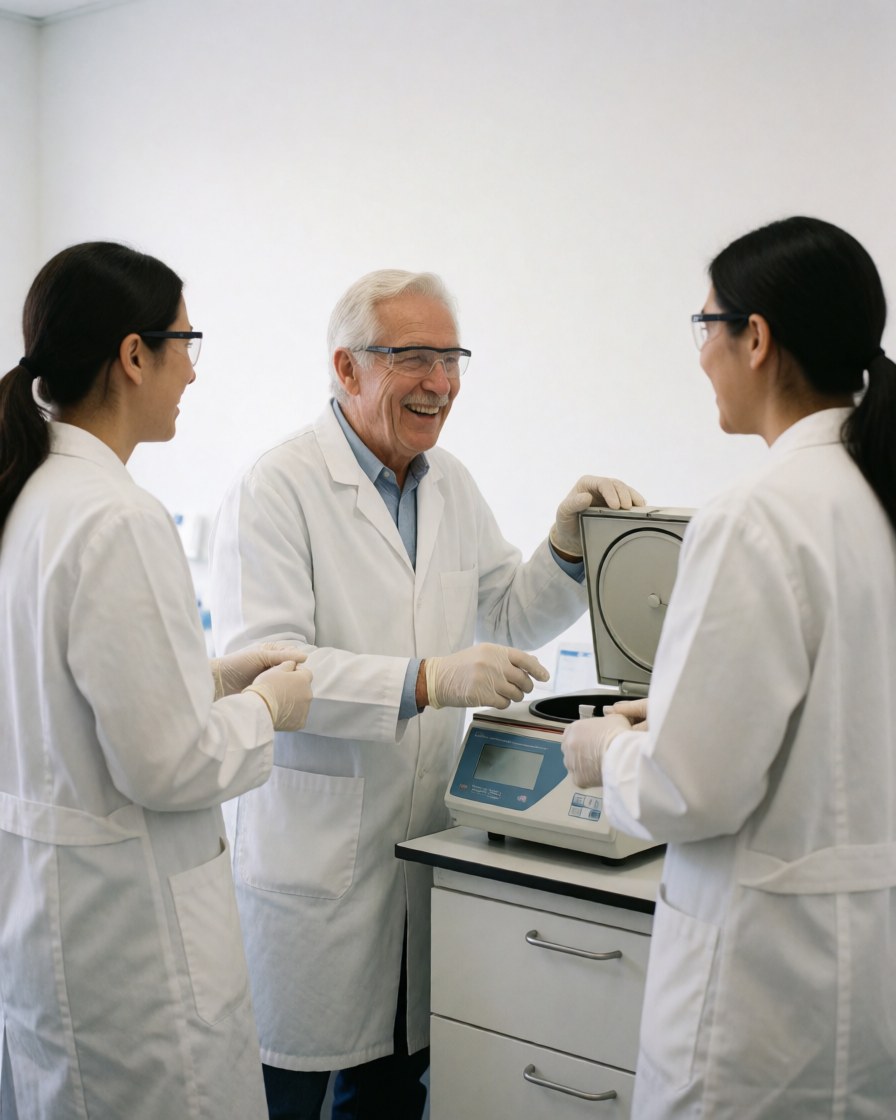 Trois professionnels en laboratoire clinique portent blouse, gants et lunettes de sécurité. Ils utilisent une balance de précision sur une table blanche, souriant et discutant dans un environnement propre.