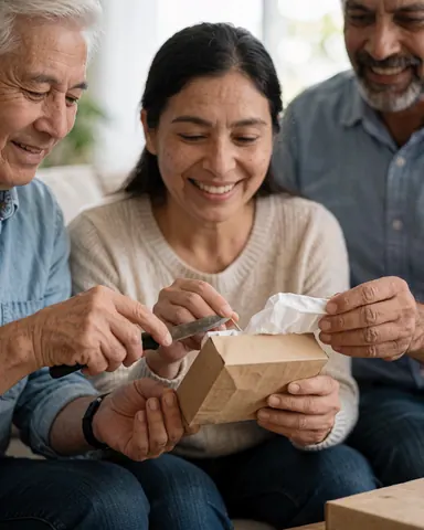 Un client souriant ouvre une boîte reçue par livraison à domicile dans un intérieur chaleureux avec lumière naturelle.