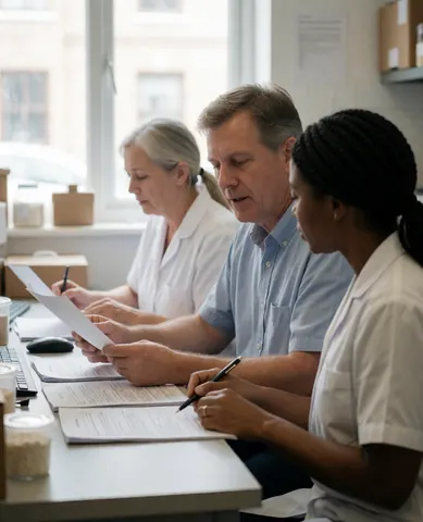 Trois nutritionnistes vérifient des papiers sur un bureau. Une femme aux cheveux gris, un homme en chemise bleue et une femme à tresses sont assis avec ordinateur et téléphone.