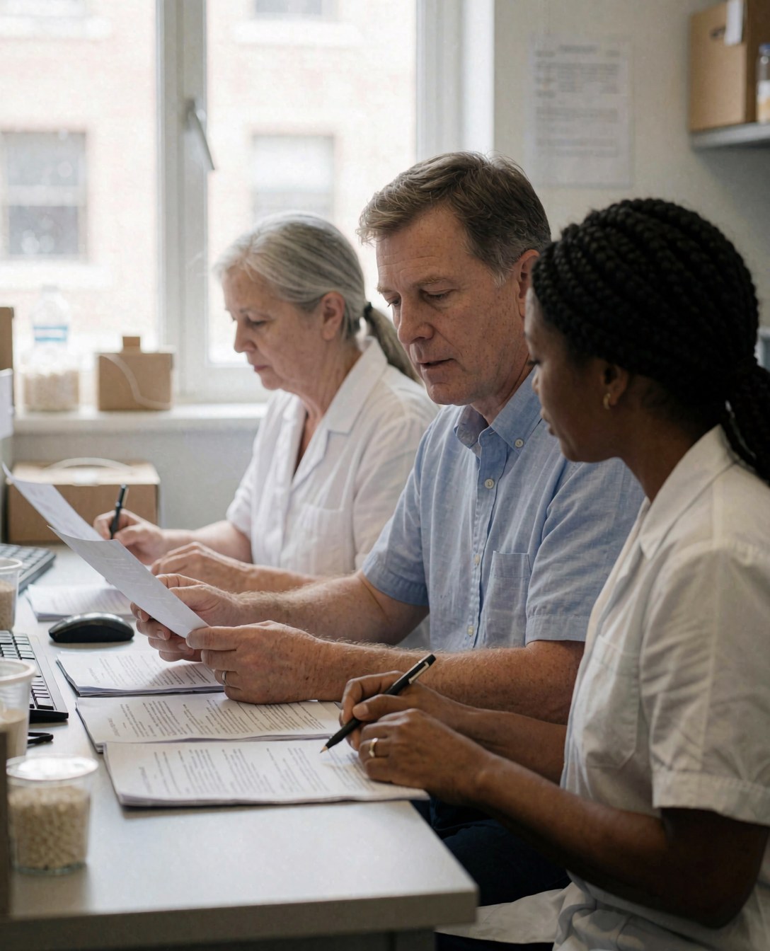 Trois nutritionnistes vérifient des papiers sur un bureau. Une femme aux cheveux gris, un homme en chemise bleue et une femme à tresses sont assis avec ordinateur et téléphone.