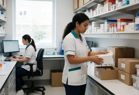 Deux employés dans un laboratoire clinique, l'un rangeant des boîtes près d'étagères de médicaments, l'autre travaillant sur un ordinateur au fond.