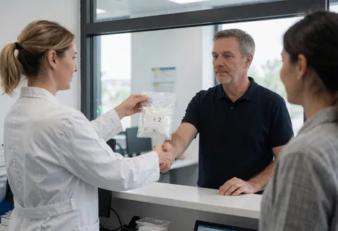 Un technicien de laboratoire remet un échantillon dans un contenant scellé à un client à la réception, illustrant une procédure professionnelle dans un environnement moderne et propre.
