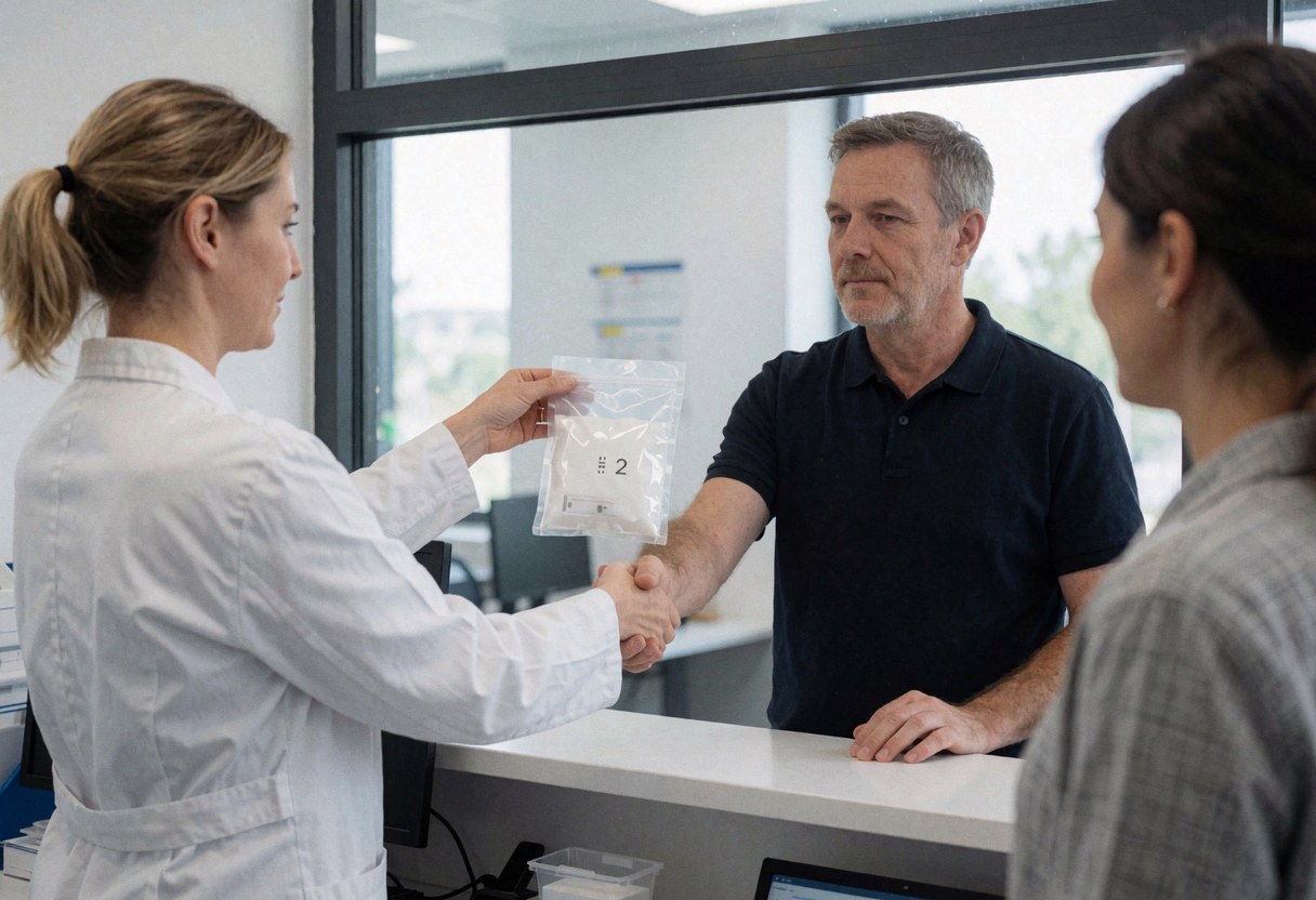 Un technicien de laboratoire remet un échantillon dans un contenant scellé à un client à la réception, illustrant une procédure professionnelle dans un environnement moderne et propre.