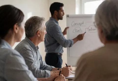 Un formateur explique un concept à des adultes en réunion, utilisant un tableau blanc et des notes manuscrites dans un environnement professionnel lumineux.