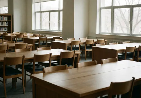 Vue d'une bibliothèque universitaire déserte, propre et ordonnée, avec des tables, des chaises, des livres et des fenêtres laissant entrer la lumière naturelle.