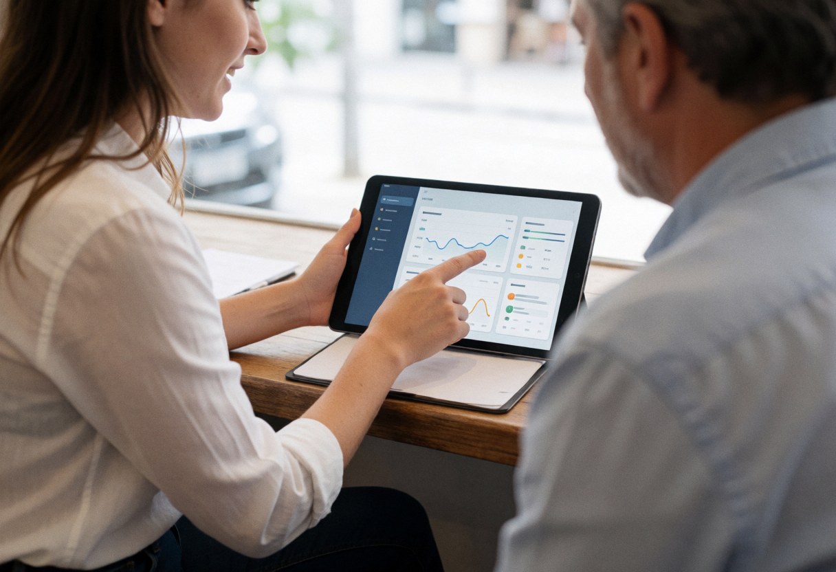 Un consultant montre des données analytiques via une application sur une tablette à un client dans un café, favorisant une discussion professionnelle.