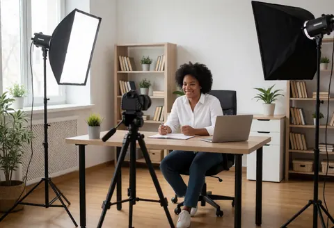 Intérieur d'un studio d'enregistrement vide, équipé d'une caméra sur trépied, d'un bureau avec ordinateur portable, de livres et de plantes dans un espace lumineux.