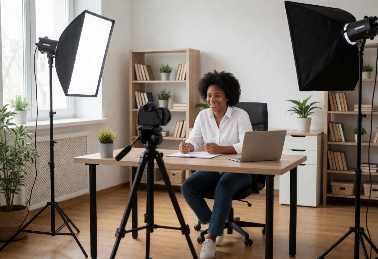 Intérieur d'un studio d'enregistrement vide, équipé d'une caméra sur trépied, d'un bureau avec ordinateur portable, de livres et de plantes dans un espace lumineux.