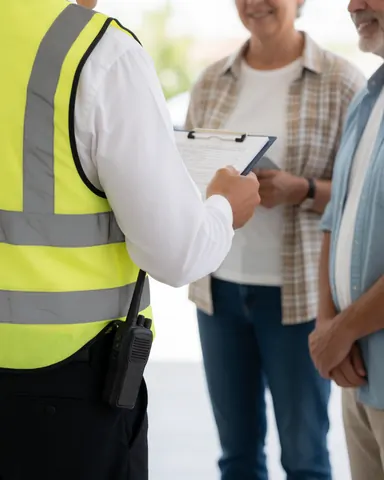 Agent de sécurité en uniforme effectuant une patrouille dans un parking extérieur pendant la journée.