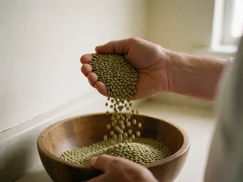 Une main verse des lentilles vertes dans une casserole en bois sur un plan de cuisine baigné de lumière naturelle, mettant en valeur la texture et l'alimentation saine.