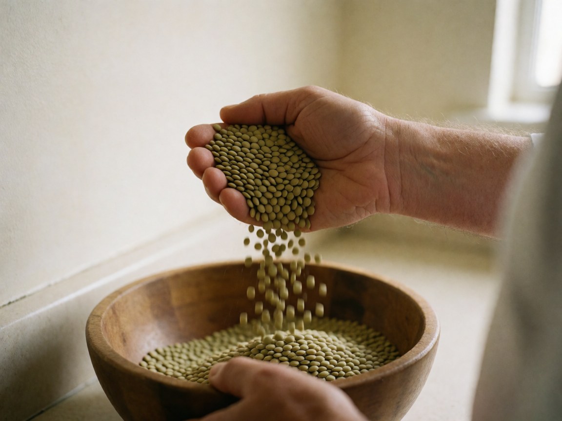 Une main verse des lentilles vertes dans une casserole en bois sur un plan de cuisine baigné de lumière naturelle, mettant en valeur la texture et l'alimentation saine.