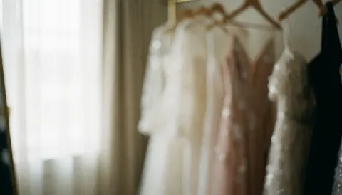 Arrière-plan flou de vestiaire avec robes suspendues, idéal pour textes sur mariages et événements
