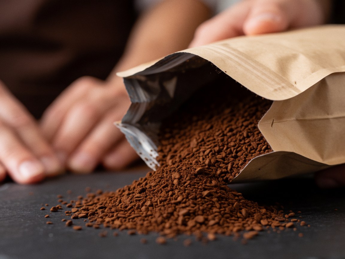 Du café moulu s'échappe d'un sac en papier posé sur une surface sombre, avec des mains travaillant à proximité, révélant une texture riche et naturelle.