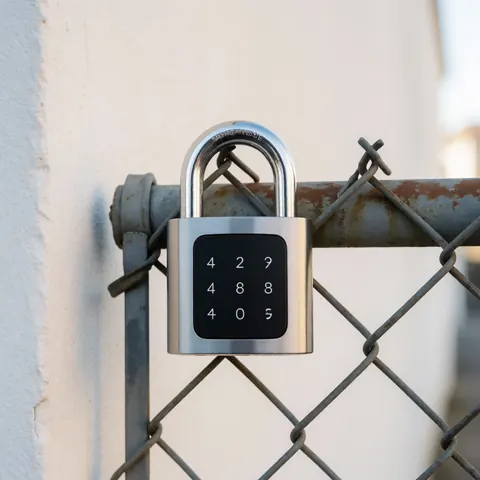 Vue rapprochée d'un cadenas intelligent métallique avec clavier numérique intégré, conçu pour assurer la protection résidentielle et sécuriser les portes ou clôtures.
