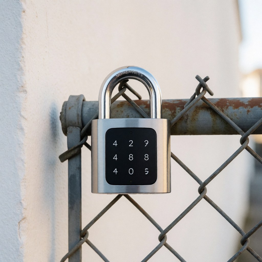 Vue rapprochée d'un cadenas intelligent métallique avec clavier numérique intégré, conçu pour assurer la protection résidentielle et sécuriser les portes ou clôtures.