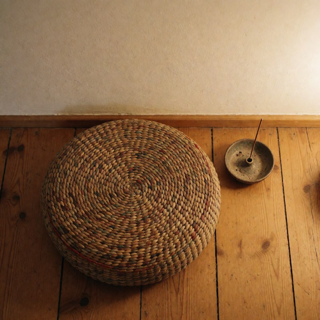 Un coussin de méditation tissé et un porte-encens posés sur un plancher en bois devant un mur blanc, créant une ambiance chaleureuse et relaxante.