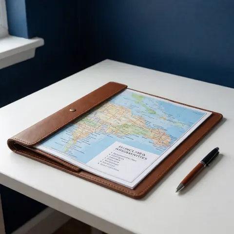 Dossier de voyage contenant une carte de la République dominicaine et une liste d'amenités posé sur une table blanche avec un stylo, idéal pour une agence de voyages.