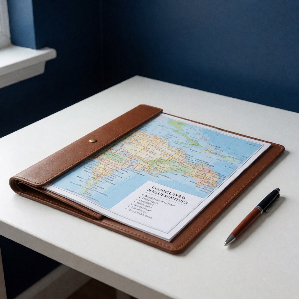 Dossier de voyage contenant une carte de la République dominicaine et une liste d'amenités posé sur une table blanche avec un stylo, idéal pour une agence de voyages.