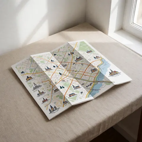 Une carte touristique papier dépliée montrant les rues et points d'intérêt d'une ville, posée à plat pour une navigation facile en voyage.