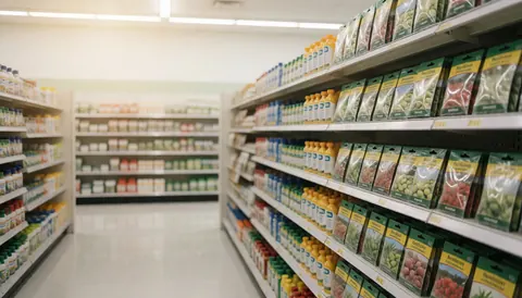 Allée d'un magasin agricole présentant des étagères remplies de semences et de produits divers sur un sol propre, avec un fond flou adapté pour ajouter du texte.