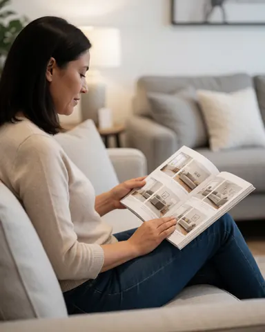 Une femme assise sur un canapé moderne examine un catalogue de meubles dans un intérieur chaleureux et bien éclairé.
