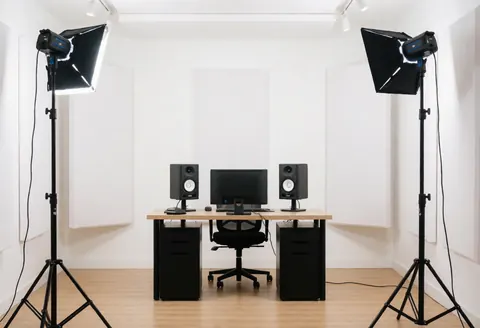Vue d'un studio d'enregistrement minimaliste et lumineux, équipé d'une table, de chaises, d'ordinateurs, de haut-parleurs et d'un éclairage professionnel pour la production de contenu.