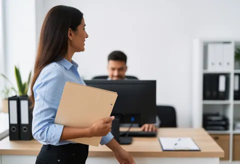 Une femme professionnelle marche dans un bureau moderne en tenant une chemise, avec un ordinateur et des étagères de classeurs en arrière-plan.