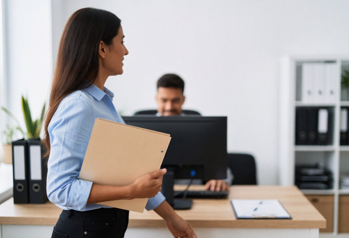 Une femme professionnelle marche dans un bureau moderne en tenant une chemise, avec un ordinateur et des étagères de classeurs en arrière-plan.