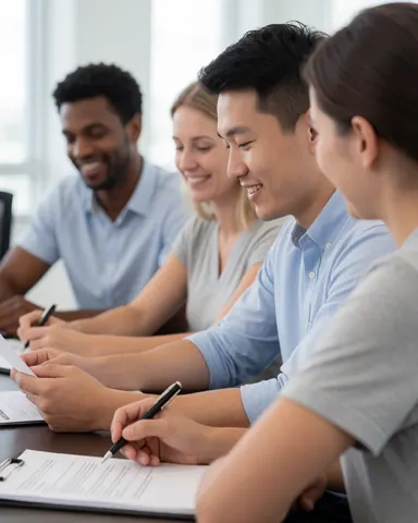 Des étudiants universitaires assis à une table vérifient des documents et sourient dans un bureau moderne éclairé par la lumière naturelle, collaborant efficacement.