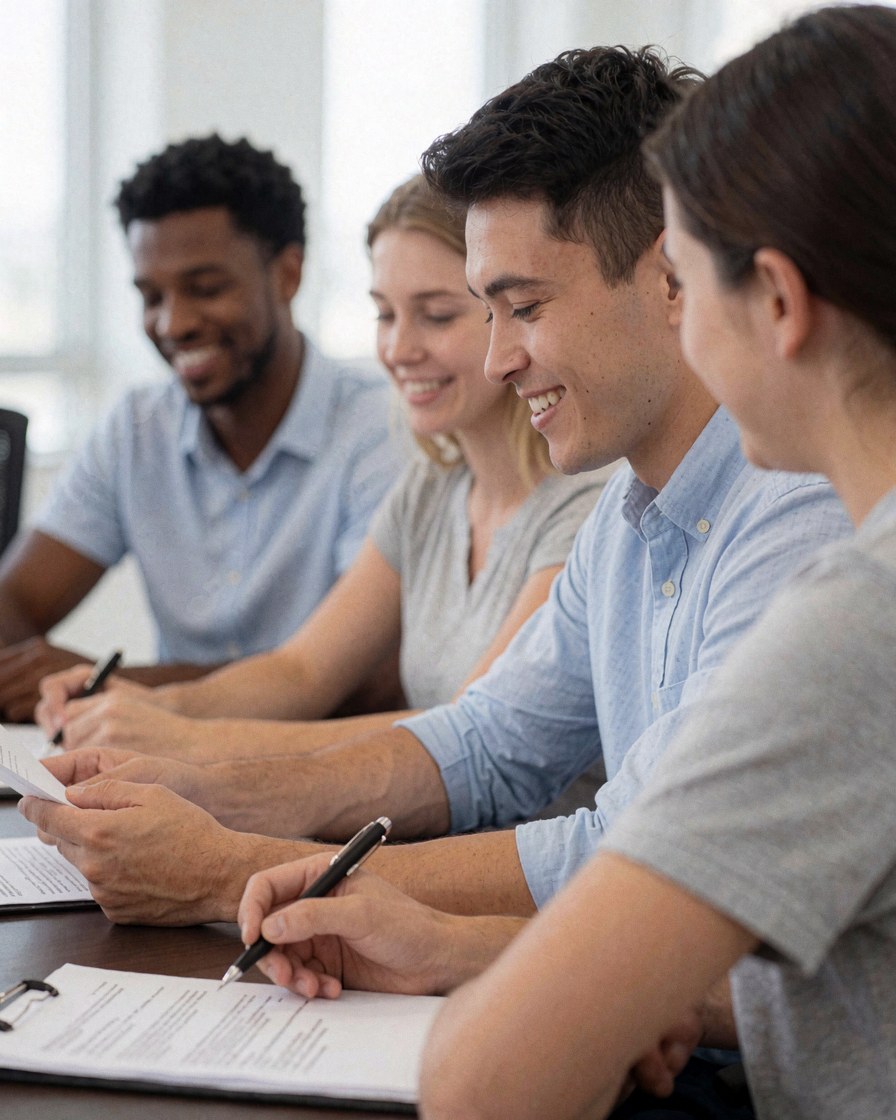 Des étudiants universitaires assis à une table vérifient des documents et sourient dans un bureau moderne éclairé par la lumière naturelle, collaborant efficacement.