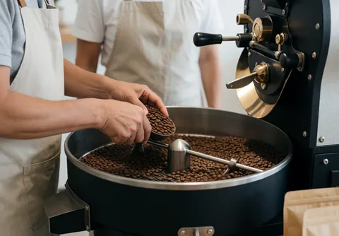 Un torréfacteur examine des grains de café dans la bandelette de refroidissement d'une machine industrielle, avec ses mains au premier plan.