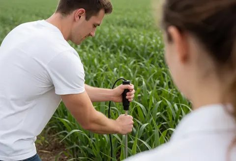 Un jeune agriculter utilise un outil pour mesurer l'humidité du sol dans un champ vert, tandis qu'une autre personne observe la scène à proximité.