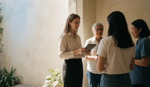 Une gestionnaire des ressources humaines discute avec trois personnes dans un espace de travail moderne et lumineux, tenant une tablette.