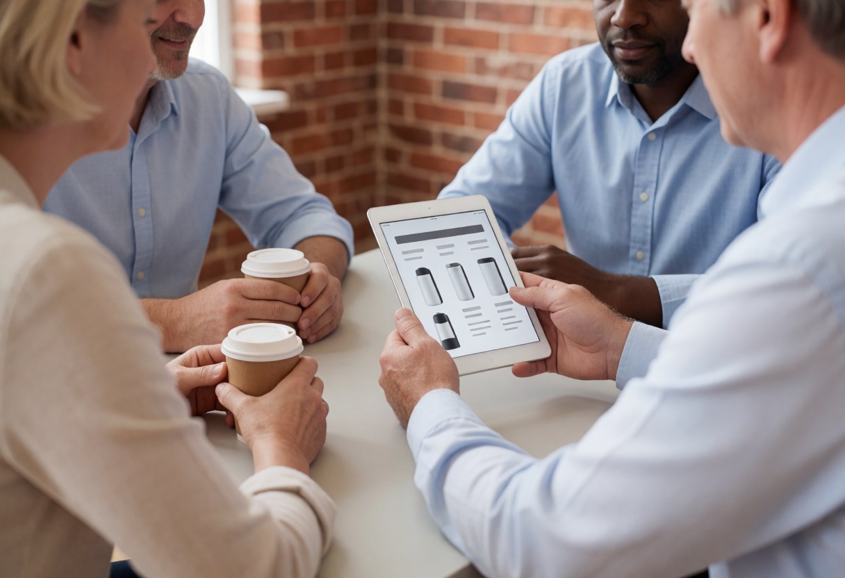 Un professionnel montre des options à un client satisfait sur une tablette dans un cadre de bureau moderne avec un mur de briques en arrière-plan.