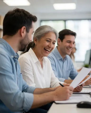 Trois professionnels du service client travaillent ensemble dans un environnement de bureau lumineux, examinant des documents et utilisant des ordinateurs avec enthousiasme.