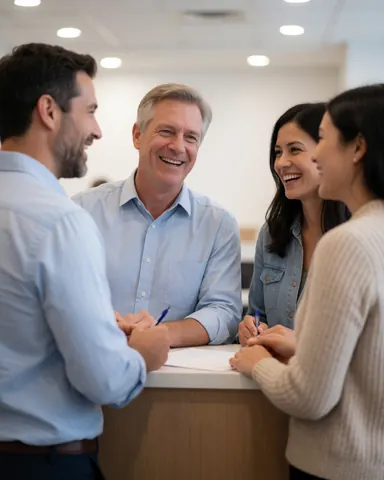 Quatre professionnels souriants signent des documents sur un bureau lors d'une réunion de travail collaborative.