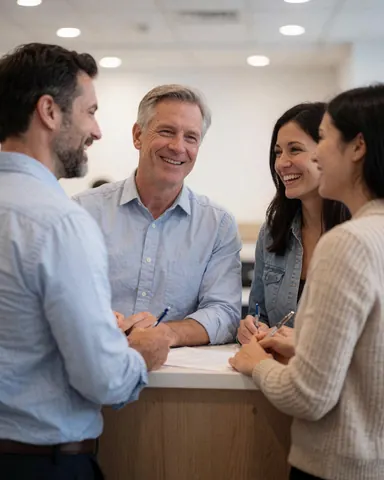 Quatre professionnels souriants signent des documents sur un bureau lors d'une réunion de travail collaborative.