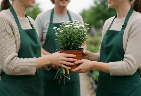 Une jardinière remet une plante en pot à une cliente dans un jardin. Elles portent des tabliers verts, sourient et tiennent des outils de jardinage.