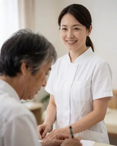 Une thérapeute souriante en uniforme blanc accompagne un client dans une pièce lumineuse au fond flou.