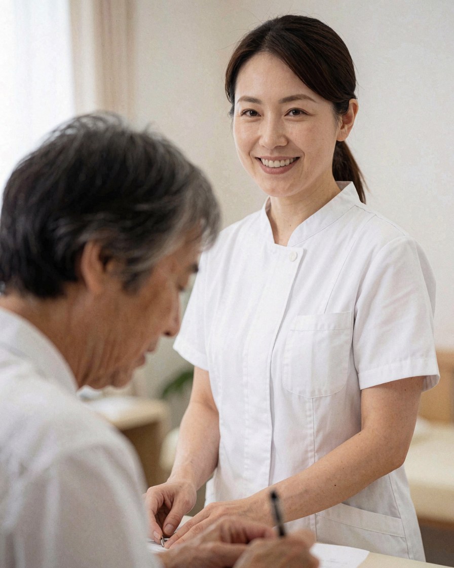 Une thérapeute souriante en uniforme blanc accompagne un client dans une pièce lumineuse au fond flou.