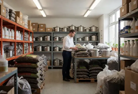 Un homme organise des sacs de terre et des pots dans un entrepôt de jardinage, avec des étagères remplies de produits et des lumières fluorescentes.