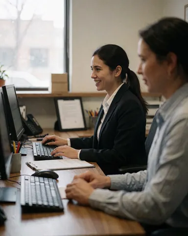 Portrait en gros plan d'une réceptionniste professionnelle affichant un sourire chaleureux, vêtue d'un costume formel et d'une chemise blanche.