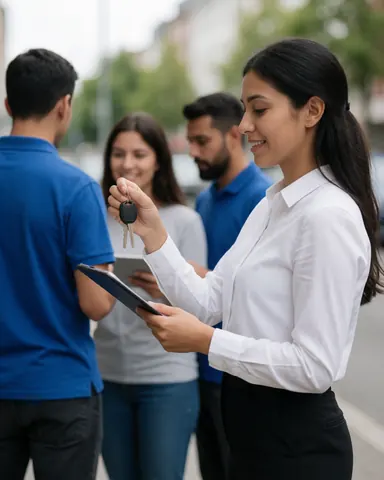 Un instructeur d'auto-école remet les clés à un client satisfait dans une rue urbaine, tenant une tablette sous un ciel nuageux.