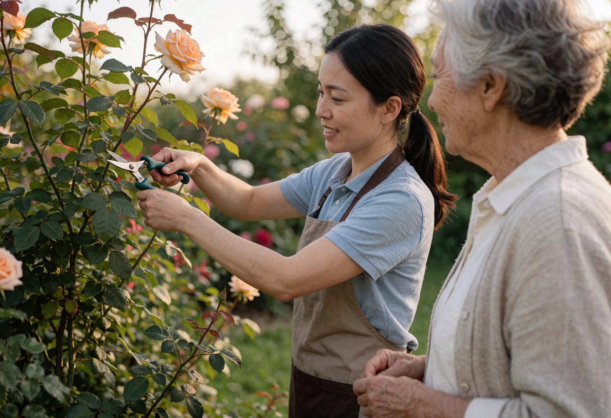 Une jardinière professionnelle coupe des roses avec des sécateurs pendant qu'une cliente âgée observe attentivement dans un jardin.