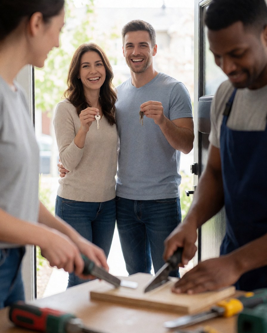 Un couple souriant tient des clés neuves devant une maison, symbolisant l'acquisition d'un bien immobilier et la satisfaction du client.