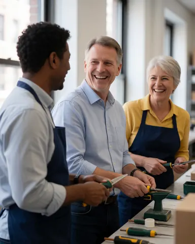 Trois travailleurs souriants dans un atelier d'outils, utilisant des outils dans un environnement professionnel et convivial.